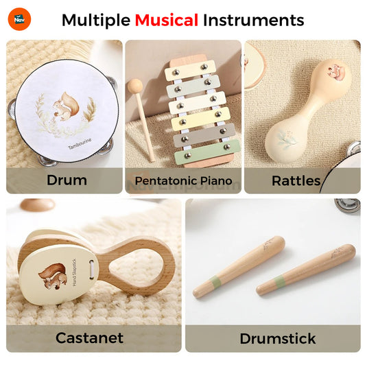 Wooden drum and maracas musical instruments