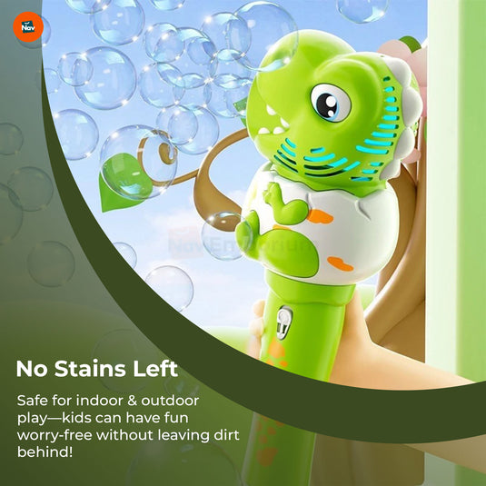 Kids enjoying Dino Blast LED Bubble Gun outdoors.