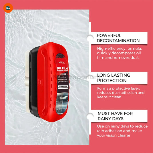 Infographic with callouts on windshield oil film remover features