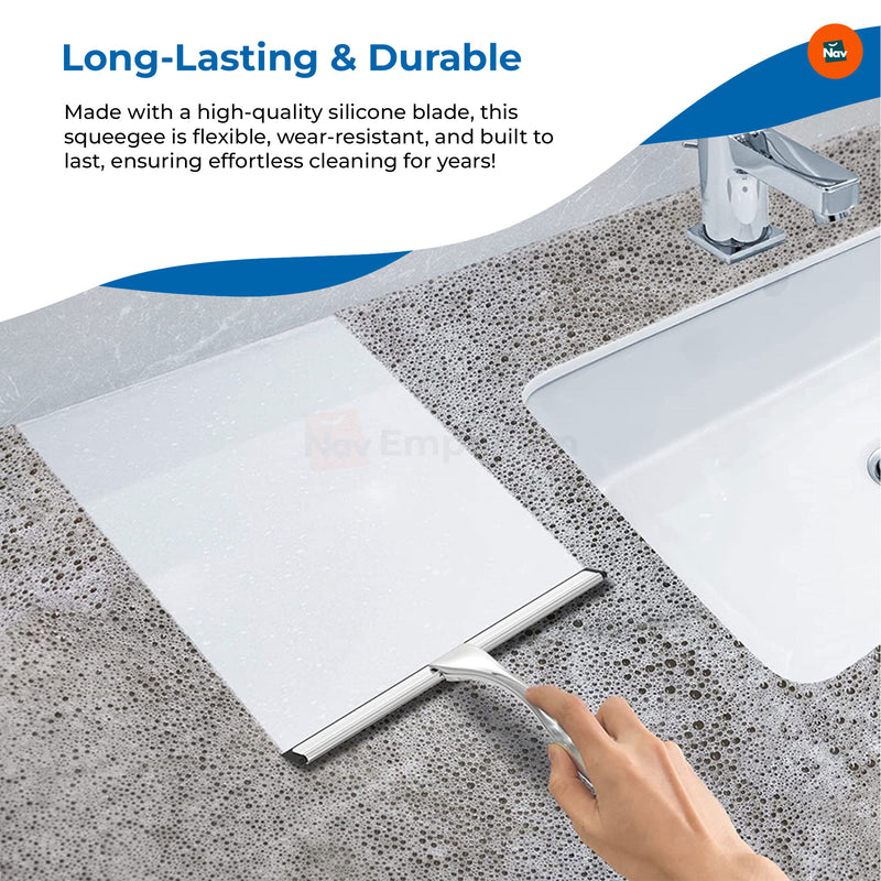 Using squeegee to clean bathroom mirror