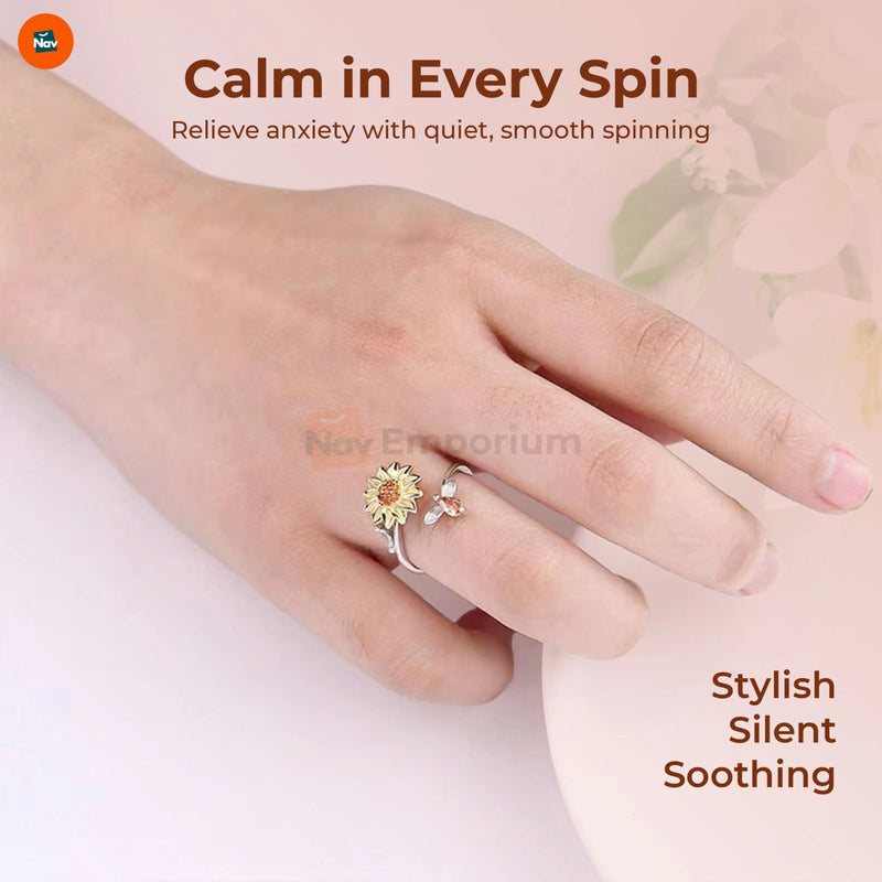 Engraved sunflower spinner ring for women