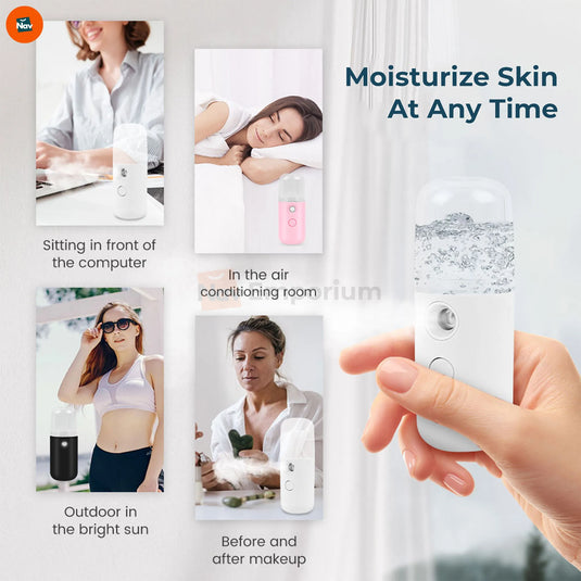 Infographic highlighting mini face steamer core features