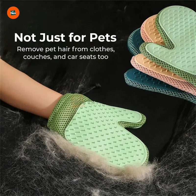 Pet grooming glove in use
