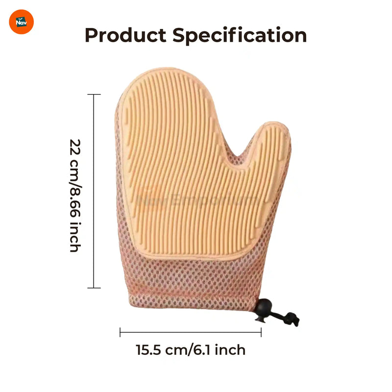 Pet grooming glove on hand