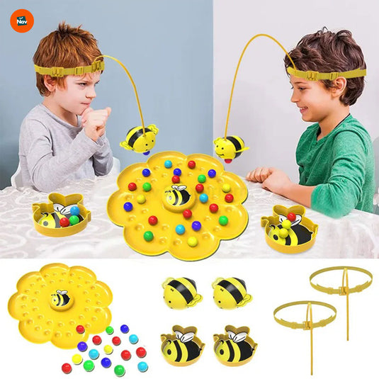 Toddler fishing colorful bees with magnetic rod