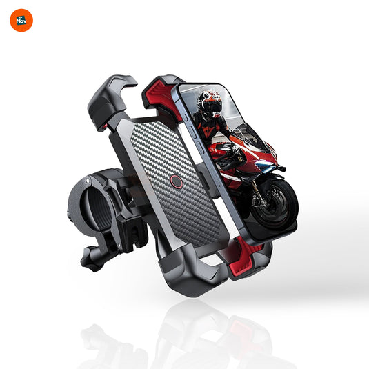 Secure motorcycle phone mount on handlebar.