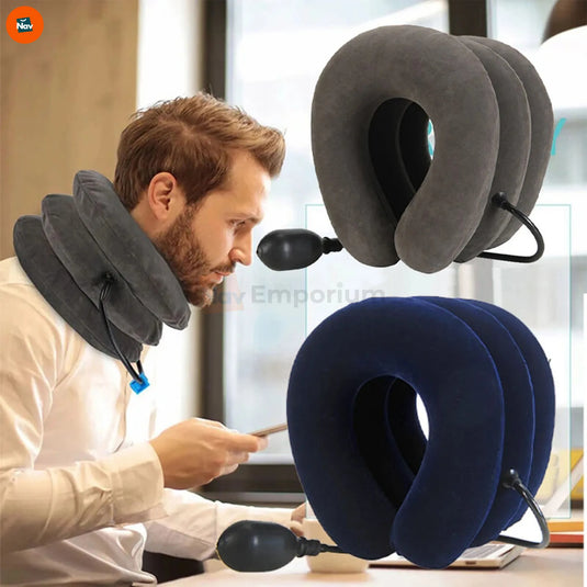 user relaxing with neck traction device