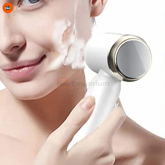 Lifestyle image features electric facial cleansing brush