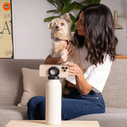 Magnetic Hydrate Bottle lifestyle water bottle with phone holder in use