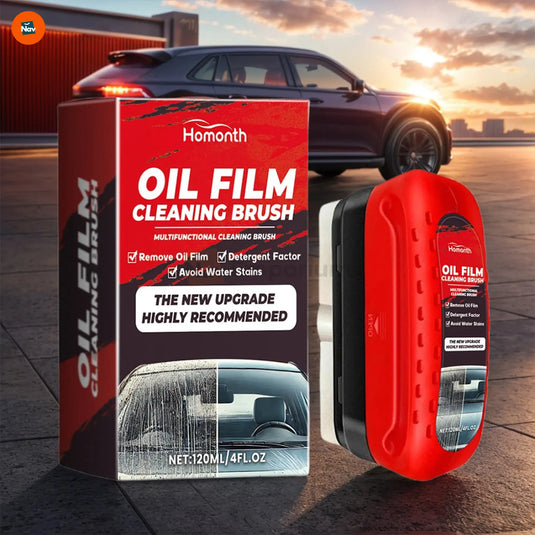 Lifestyle image with glass oil film cleaner in car setting