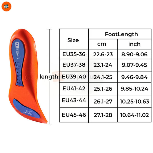 Orange insole with size chart on a white background