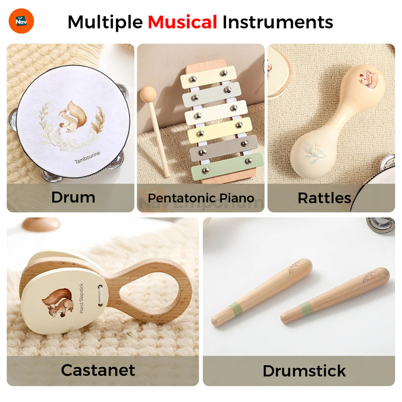 Wooden drum and maracas musical instruments 