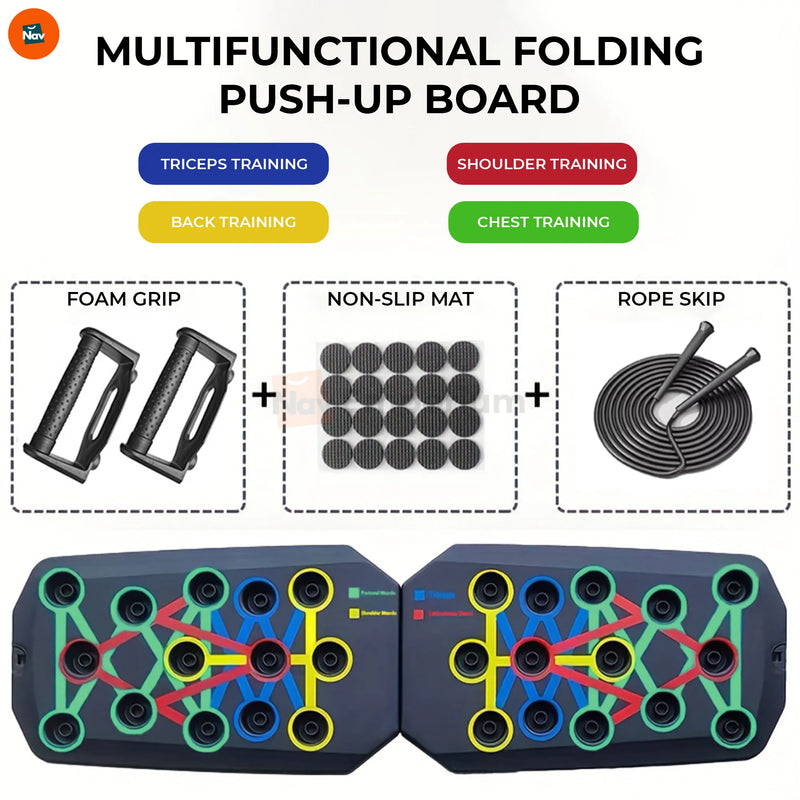 Benefit image highlights cushioned rubber handles push-up board