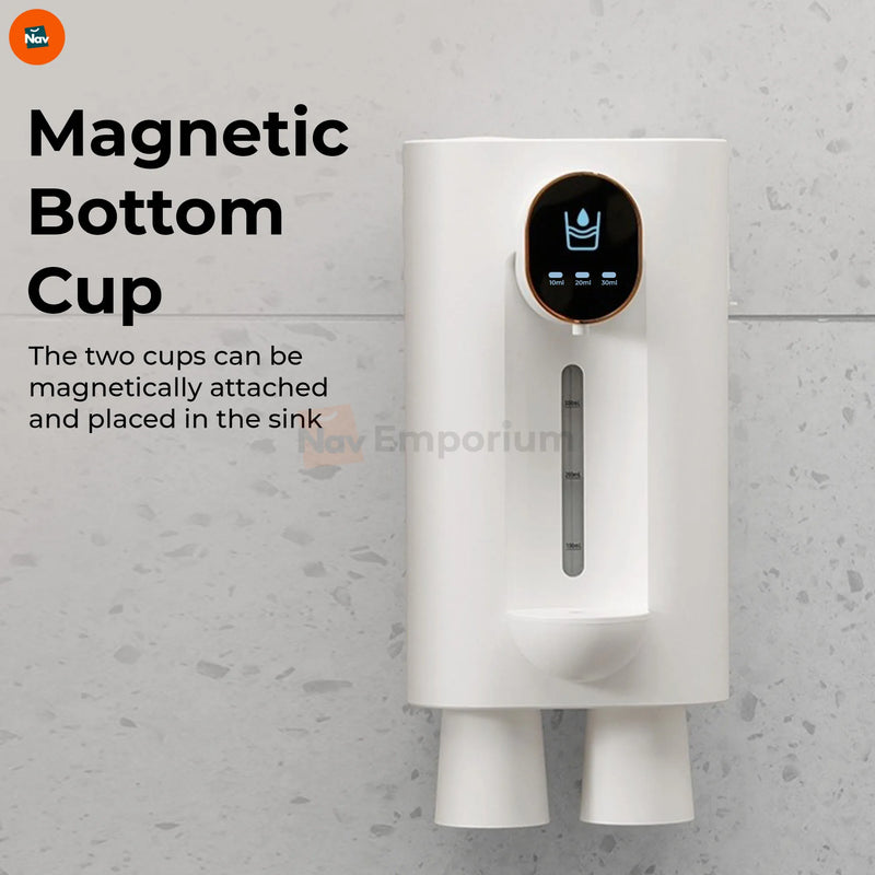 Feature image with adjustable wall mounted mouthwash dispenser 