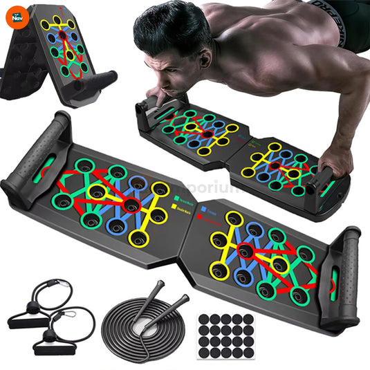 Lifestyle image shows fitness enthusiast using push-up board