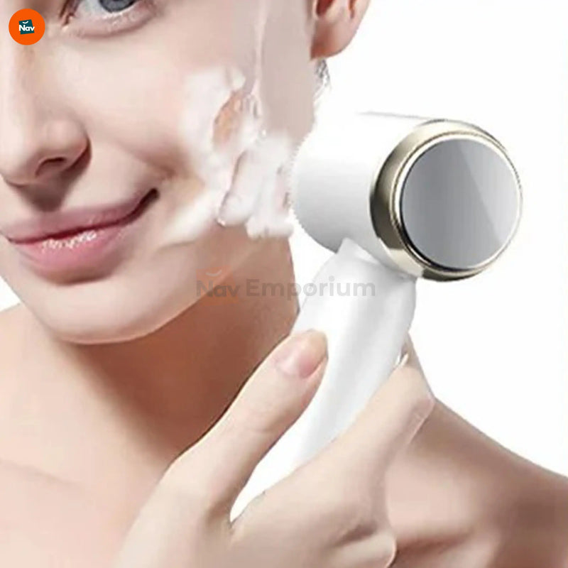 Lifestyle image features electric facial cleansing brush
