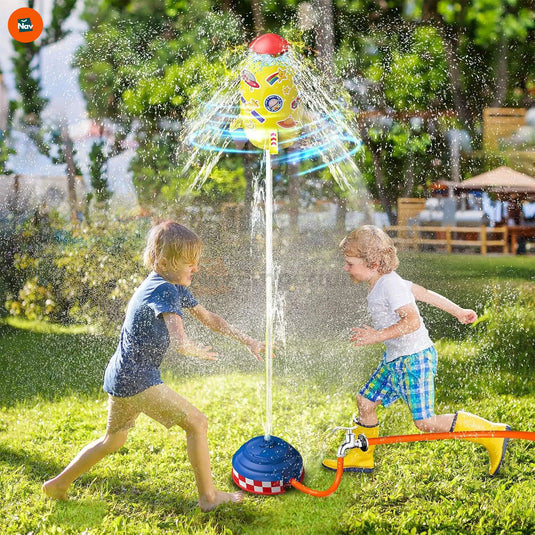 Lifestyle shot of kids water rocket sprinkler in backyard