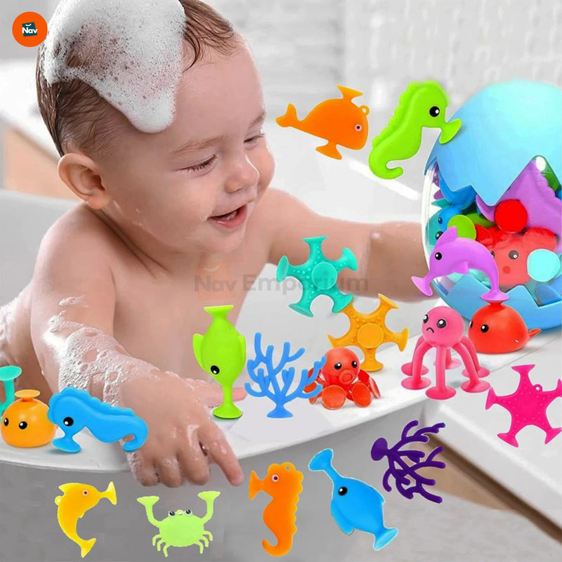 Toddler Playing with Bath Suction Toys 
