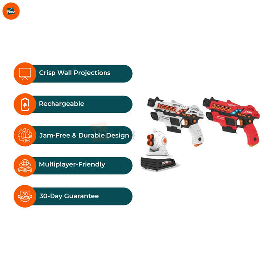 Infographic callouts of infrared laser gun projector metrics