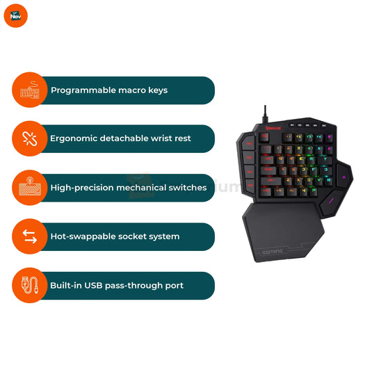 Stats infographic shows mechanical gaming keypad metrics. 