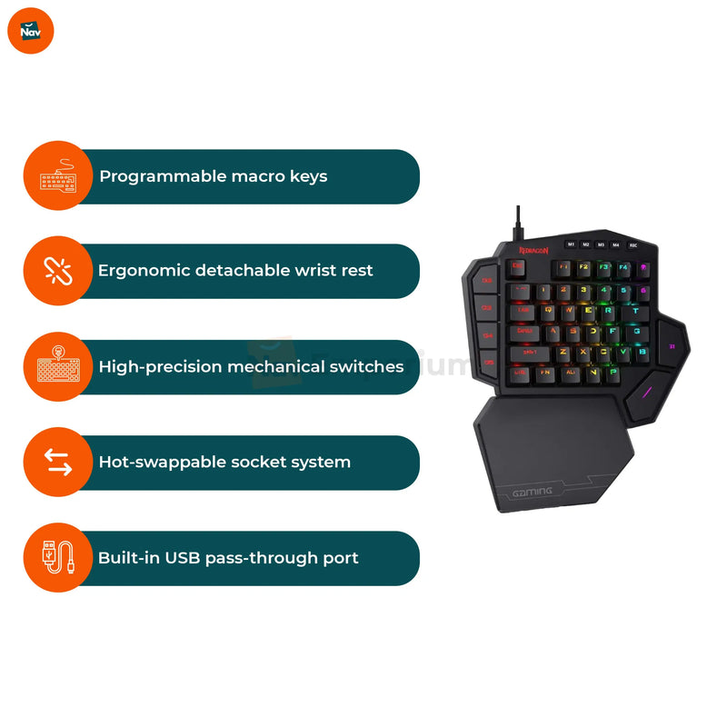 Stats infographic shows mechanical gaming keypad metrics. 