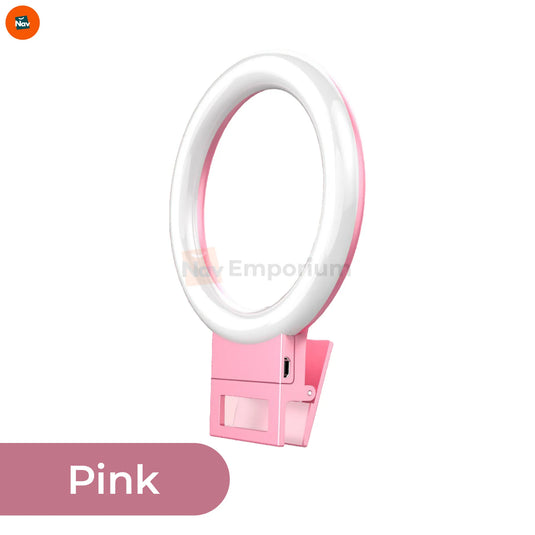 Pink phone ring light with stand on a white background