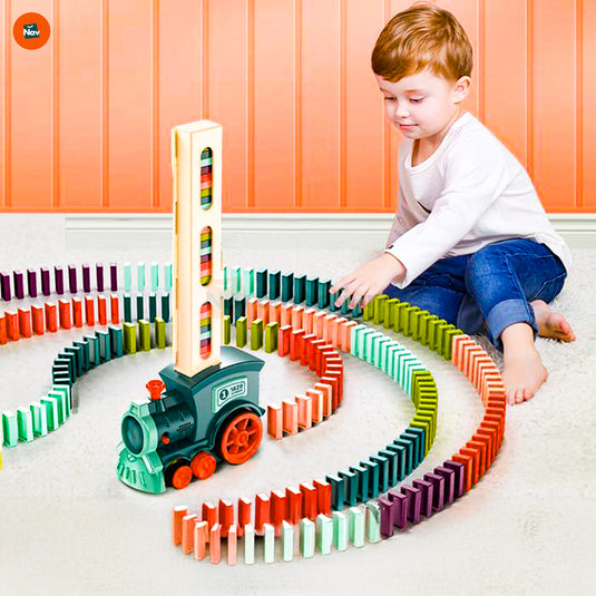 Colorful dominoes set up by train 